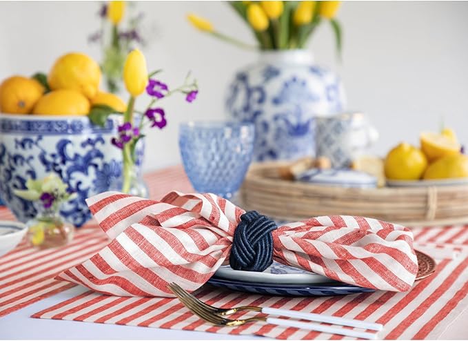 Solino Home Linen Napkins Set of 4-100% Pure Linen Amalfi Stripe Red and White Cloth Dinner Napkins 20 x 20 Inch - Handcrafted and Machine Washable - Christmas
