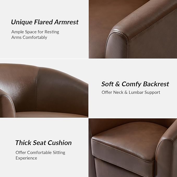 HULALA HOME Genuine Leather Swivel Accent Chair with Solid Wood Base, Round Swivel Barrel Chair for Living Room and Bedroom, Brown