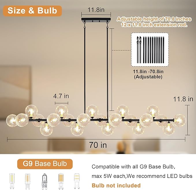 Modern Linear Chandeliers for Dining Room 70 Inhch Sputnik Linear Chandelier Clear Striped Glass Globe Pendant Light for Kitchen Island, Farmhouse, Living Room, Dia 70 Inch