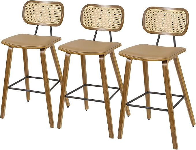 Counter Height Bar Stools Set of 3, Mid Century Modern Counter Stools, 26" Wood Kitchen Stool PU Leather Upholstered Barstool with Rattan Back, Counter Height Island Dining Bar Chair, Brown & Walnut