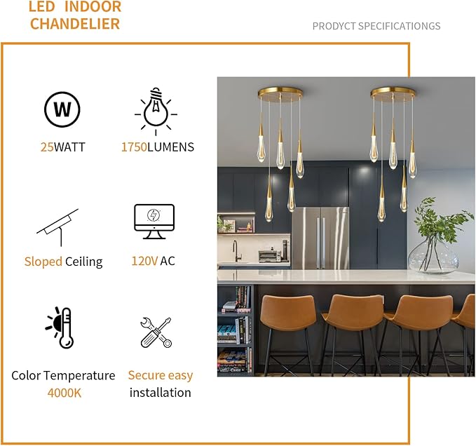 LMQNINE Kitchen Light Fixtures Ceiling Dimmable LED Modern Gold Pendant Light Mini Teardrop Crystal Pendant Light for Kitchen Island Bedroom Hallway Entryway (5-Light)