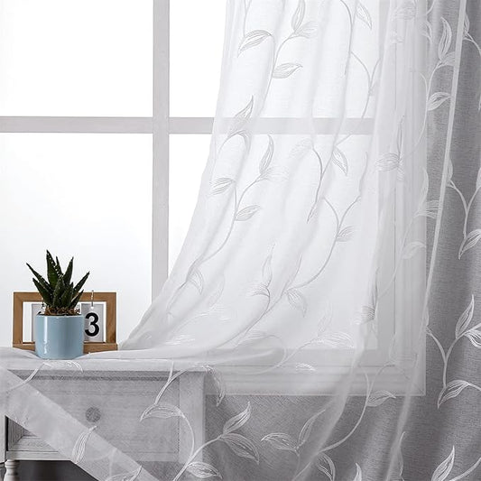 VISIONTEX White Sheer Voile Curtains, Decorative White Embroidery Faux Linen Rod Pocket Window Drapes for Home Kitchen, Living Room and Bedroom 54 x 95 Inch, Set of 2 Curtain Panels