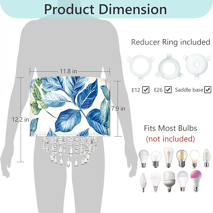 Star Vision Botanical Fabric Lampshade - Tropical Leaf Design with Crystal Bead Droplets, Blue Green Drum Shade for Pendant Table Wall & Floor Lamps, Nature-Inspired Home Decor