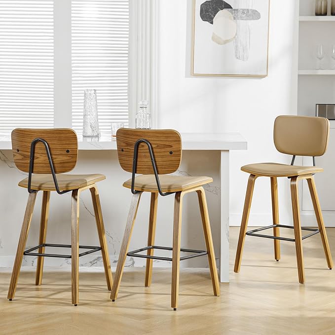 Counter Height Bar Stools Set of 4, PU Leather Upholstered Barstools with Backs, Bent Wood Legs, 26 Inch Seat Height, Mid Century Modern Counter Stools for Kitchen Island, Brown