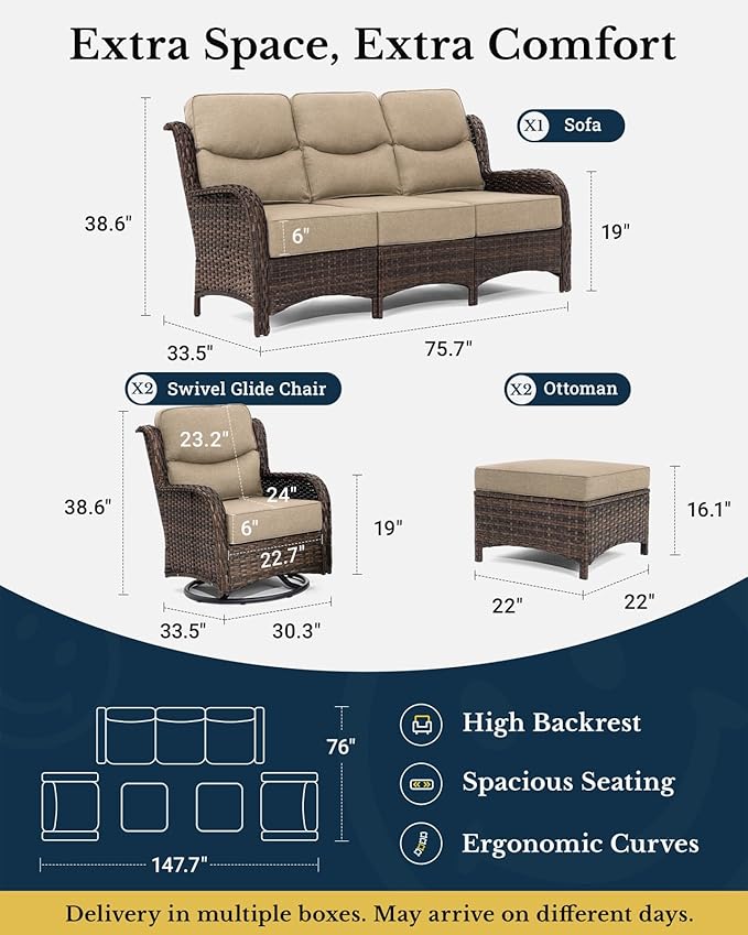 HILLGA Luxury High Back Patio Furniture Set with 6-Inch Thick Cushion, 5-Piece Outdoor Conversation Set with Sofa, Swivel Rocker Chairs & Ottomans, Ideal for Porch Pool Deck Yard (Beige)