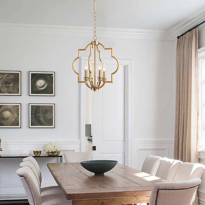 15.6" Brushed Gold Dining Room Light Fixtures Over Table, 4 Light Rustic Orb Geometric Pendant Light, Farmhouse Brass Chandelier for Entryway Foyer Bathroom