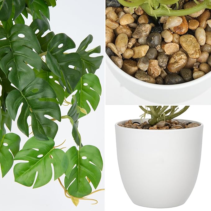 DILATATA Fake Plants Indoor 9 Inch Artificial Monstera Plant in White Plastic Pot - Faux Potted Tropical Palm Plant for Home Aesthetic Decor Living Room Shelf Office