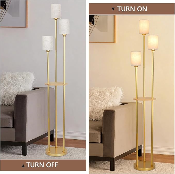 Floor Lamps for Living Room, 3-Lights Modern Floor Lamp with Shelves, Gold Standing Lamp with Fabric Shade and Foot Switch, Shelf Standing Lamps with Table, Tall Table Lamps for Bedroom Office