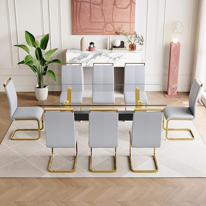 9 Piece Glass Dining Table Set, Kitchen Table Chairs Set for 8, 71'' Dining Table with 0.4" Tempered Glass Tabletop with Plated Metal Legs and MDF Crossbar, 8 PU Chairs for Dining Room, Kitchen.