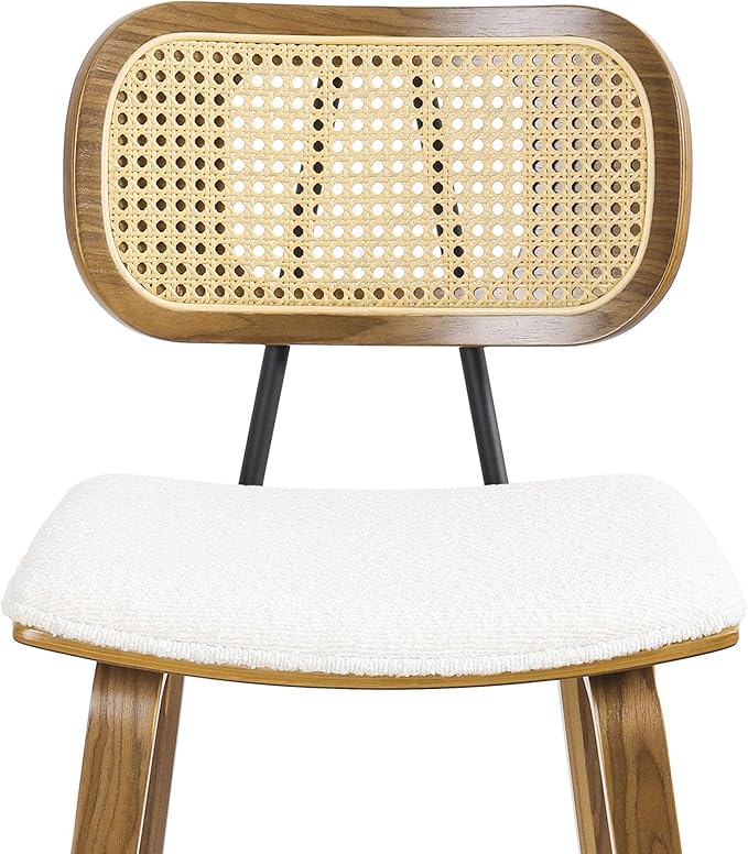 Counter Height Bar Stools Set of 4, Mid Century Modern Counter Stools, 26" Wood Kitchen Stool Boucle Fabric Upholstered Barstool with Rattan Back, Counter Height Island Dining Bar Chair, White