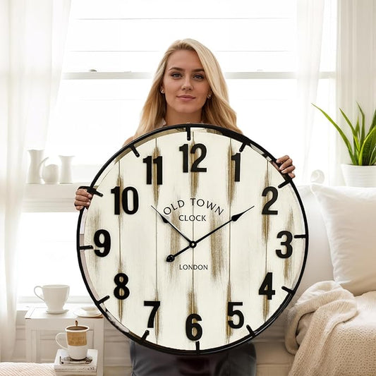 Farmhouse White 24 Inch Wooden Large Wall Clock, Silent Non-Ticking Quartz Movement, Battery Operated Modern Rustic Clock for Living Room, Kitchen, Office, Home Decor