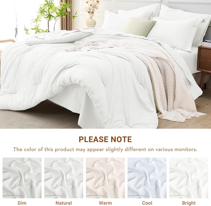 MUXHOMO 7 Pieces Full Comforter Set, Soft Bed in a Bag Full Size, All Season Bedding Set with Comforter, Flat Sheet, Fitted Sheet, Pillowcases & Shams, White
