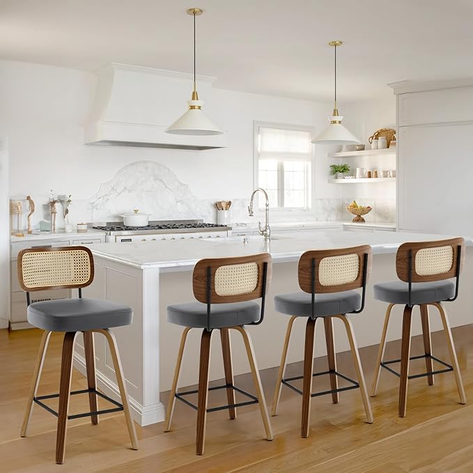 Swivel Counter Height Bar Stools Set of 4, Upholstered Faux Leather Barstools with Rattan Back, 26" Seat Height Bar Chairs for Kitchen Island, Bentwood Wood Frame, Grey