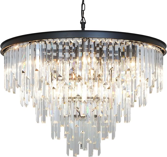 31'' Modern Crystal Chandelier, Black Round Ceiling Light with Clear Prisms, Luxury Flush Mount Lighting Fixture for Dining Room Bedroom Foyer