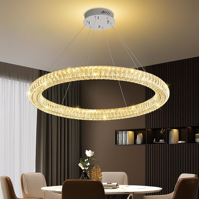 Modern Led Ring Chandelier 1 Ring Dimmable 31.5" Adjustable Round Chrome Crystal Chandelier for Dining Room Living Room