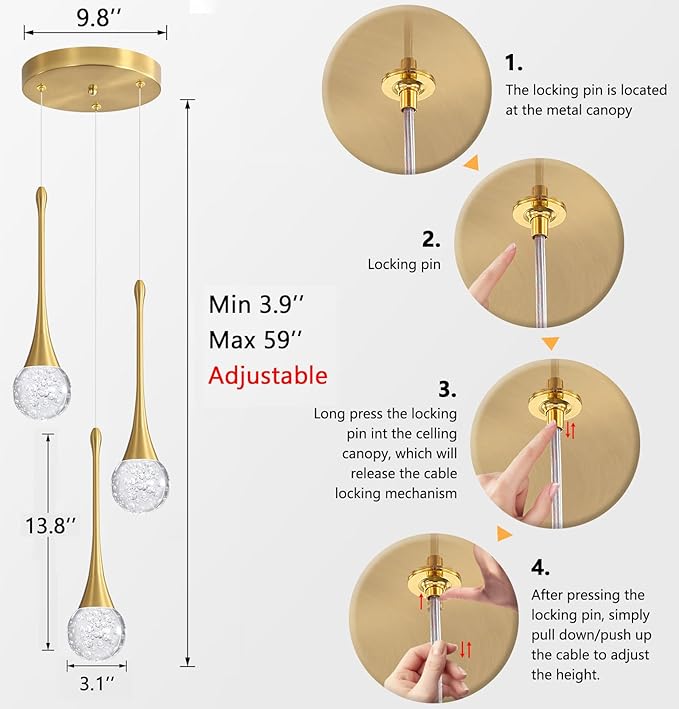 cenzoz 3-Lights Modern Pendant Lights for Kitchen Island LED Dimmable Crystal Glam Ceiling Pendant Lighting Chandelier for Dining Room Hallway Bedroom Corner Lamp Antique Gold