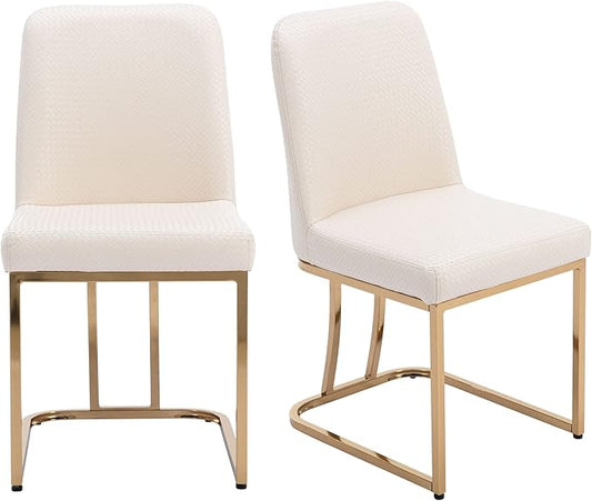 VESCASA Woven Faux Leather Upholstered Dining Chairs with Back, Mid Century Modern Chairs with Gold Metal Frame for Dining Room, Restaurant, Kitchen, Set of 2, Beige