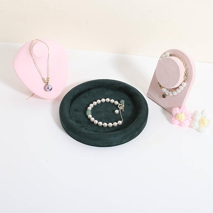 GemeShou Round Jewelry Organizer plate, Top Microfiber velvet Jewerly display tray, Empty Jewelry showcase tray for Necklace Bracelet Ring Earring display stand holder (Green-Small, 5.9 x 5.9 in)