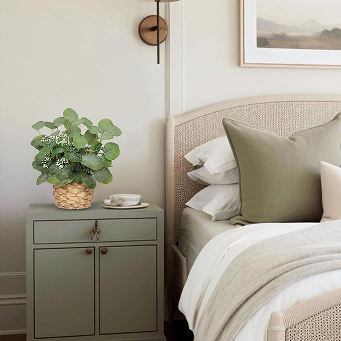 DILATATA Artificial Eucalyptus Stems in Woven Basket Planter, 12" Fake Plant Eucalyptus Leaves with Green Seeds Faux Potted Plant Greenery for Table Centerpiece Office Indoor Home Decor