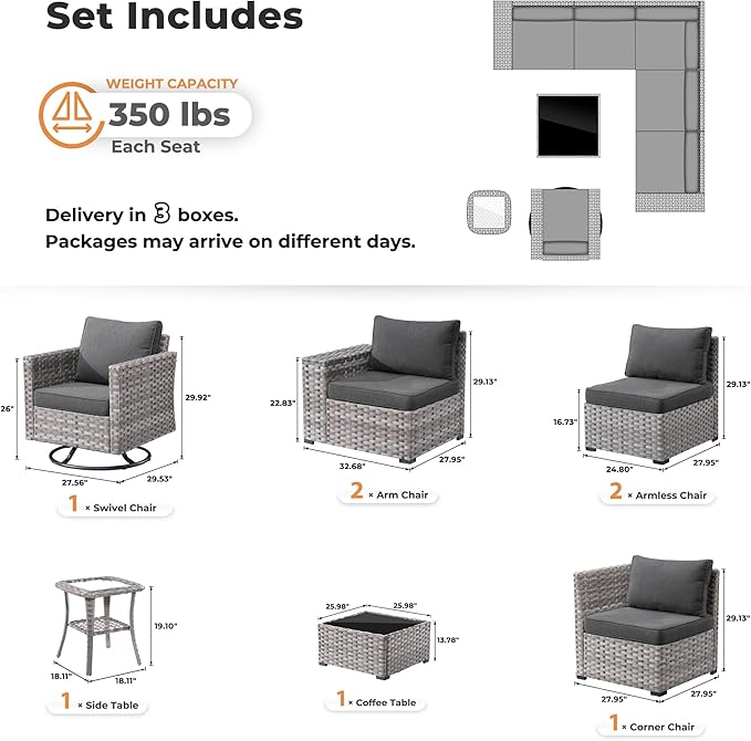 ovios 8 Pieces Patio Furniture Set, Outdoor Wicker Sectional Sofa with Swivel Chair Coffee Table, Modern Modular Deep Seat Rattan Couch Conversation Sets, Black