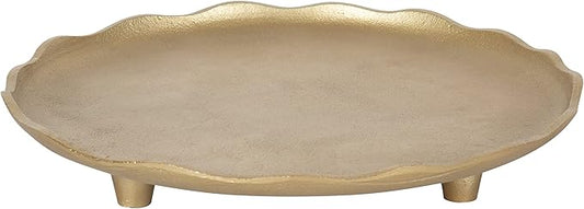Kate and Laurel Alessia Modern Decorative Scalloped Round Footed Metal Tray; 16 Inch Diameter; Gold; Food-Safe Cast Aluminum Pedestal Transitional Tray with Rough Texture and Deckled Edge