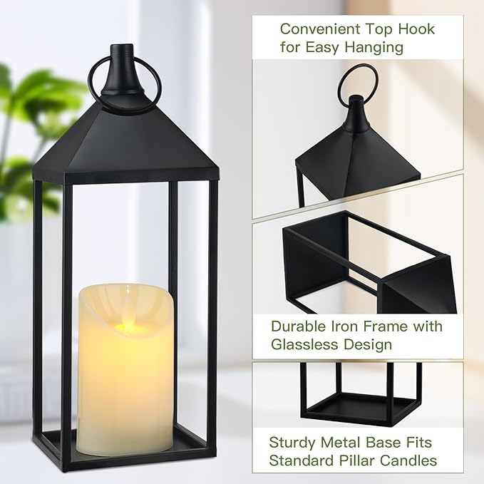 17" 13" Modern Farmhouse Candle Lantern Decor Set of 2 Black Metal Candle Lanterns with Flameless Candles, Lanterns Decorative Indoor for Fireplace Mantle Table Outdoor Lanterns for Patio Porch Garden