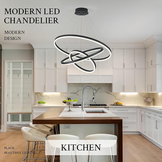 3-Rings Modern LED Chandelier Black, Dimmable Pendant Lighting with Remote Control Circular Flush Mount High Ceiling Light for Living Room Dining Room Foyer, 3000K-6500K D31.5’’