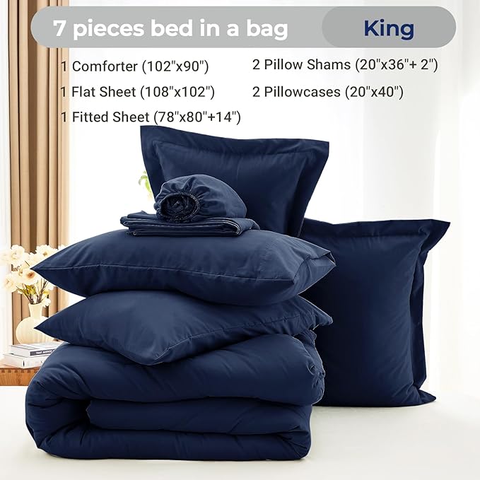 MUXHOMO 7 Pieces King Comforter Set, Soft Bed in a Bag King Size, All Season Bedding Set with Comforter, Flat Sheet, Fitted Sheet, Pillowcases & Shams, Navy Blue