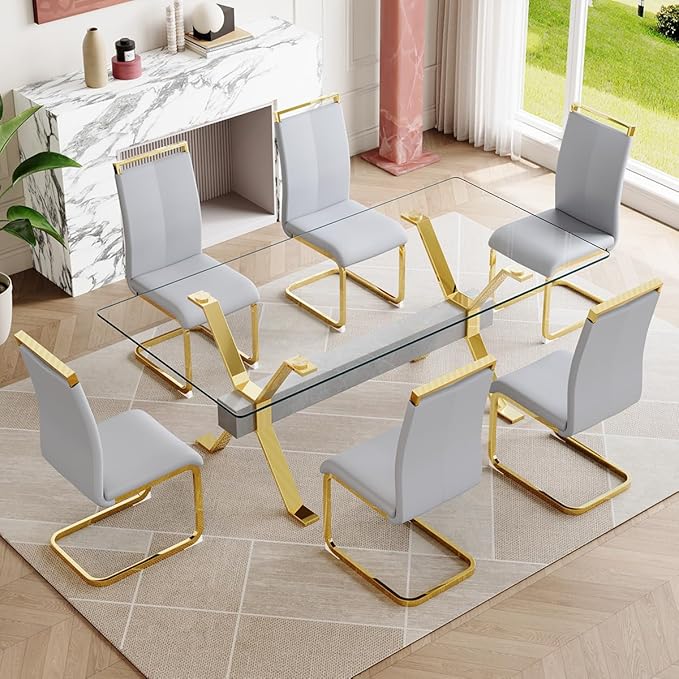7 Piece Glass Dining Table Set, Kitchen Table Chairs Set for 6, 71'' Dining Table with 0.4" Tempered Glass Tabletop with Plated Metal Legs and MDF Crossbar, 6 PU Chairs for Dining Room, Kitchen.