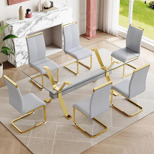 7 Piece Glass Dining Table Set, Kitchen Table Chairs Set for 6, 71'' Dining Table with 0.4" Tempered Glass Tabletop with Plated Metal Legs and MDF Crossbar, 6 PU Chairs for Dining Room, Kitchen.
