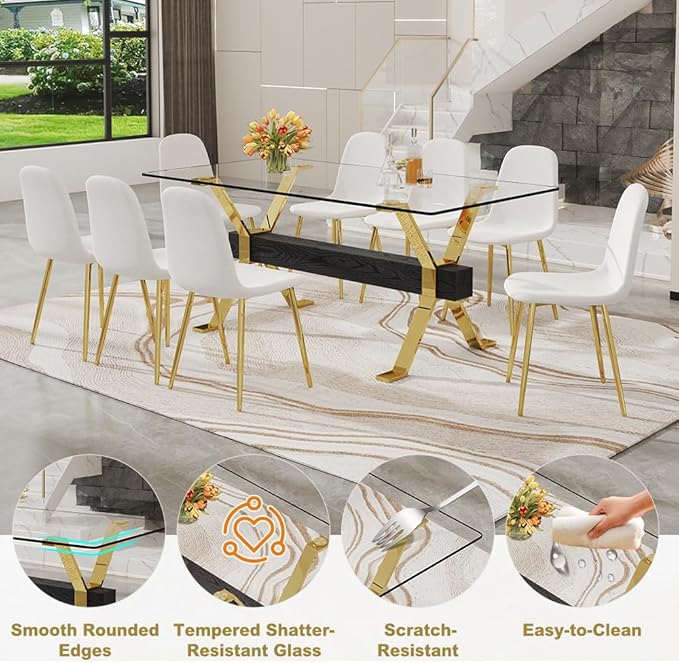71'' Glass Dining Table Set for 8,9 Piece Dining Table Set with Open‑Frame X‑Shaped Golden Metal Base,Gold Kitchen Table and Chairs Ideal for Dining Room&Home Office