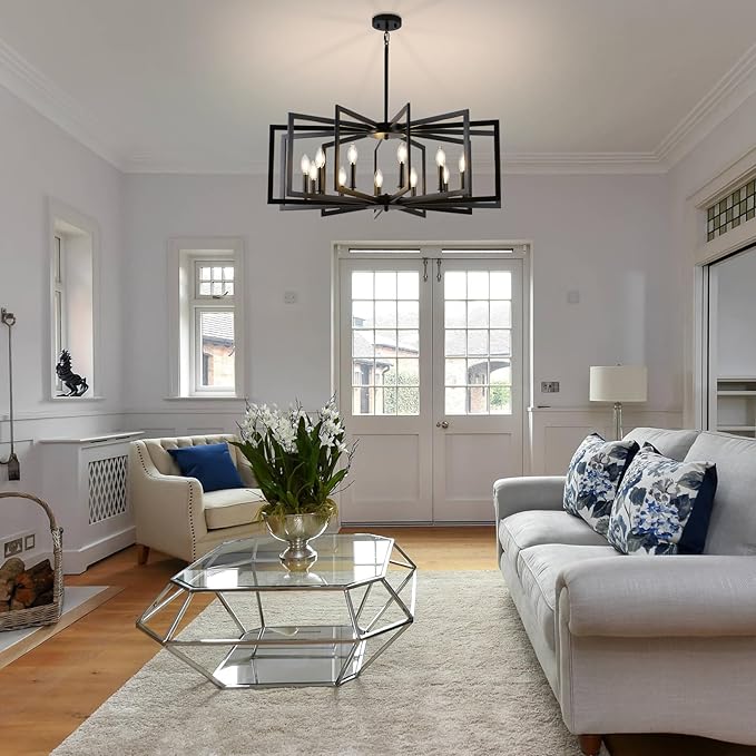 Black Chandelier for Dining Room, 12-Light Kitchen Chandelier Light Fixture Modern Metal Industrial Large Chandeliers for Farmhouse Entryway Living Room (E12 Bulbs Not Included)