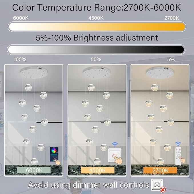 LED Staircase Chandelier Crystal Globe Pendant Light Large Chandeliers for High Ceiling,10-Lights Hanging Flush Mount Lighting Fixtures for Foyer,Entryway,Living Room