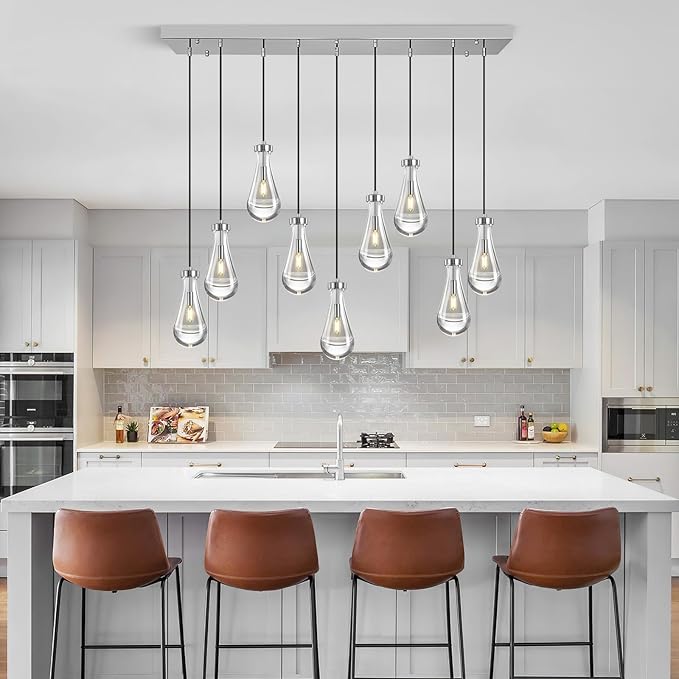 Modern Raindrop Pendant Lights Kitchen Island Teardrop Chrome Hanging Light Fixture Clear Solid Glass Chandeliers Crystal Pendant Light for Porch Living Room Dining Room(Long Plate-9 Lights)