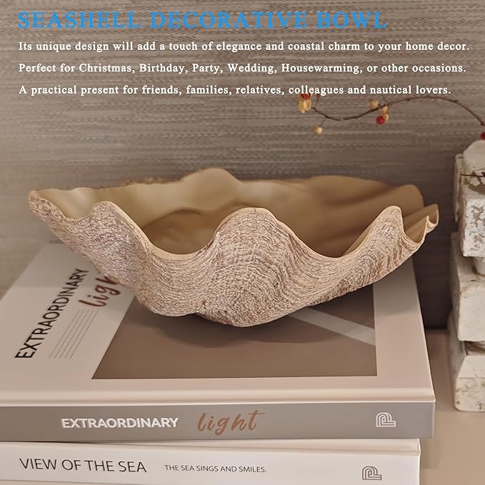 Resin Seashell Decorative Bowl Large Clam Shell Storage Bowl for Coffee Table Centerpiece Home Kitchen Entryway Table Decor Beach Themed Wedding Party Decoration (Wood Color)