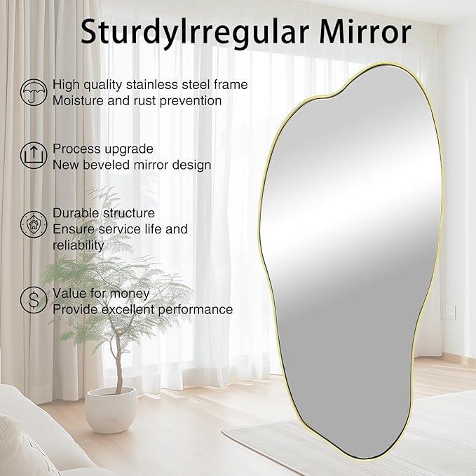 Large Irregular Mirror, 51.1"x25.59" Asymmetrical Mirrors, Abstract Wall Mirror Decorative, Gold Wavy Shaped Mirrors for Living Room Bathroom Bedroom Hallway Entryway Fireplace