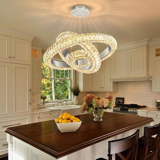 23.6" 3 Ring Crystal Chandelier Modern LED Dimmable Ring Pendant Light Round Chandelier for Dining Room Living Room Silver