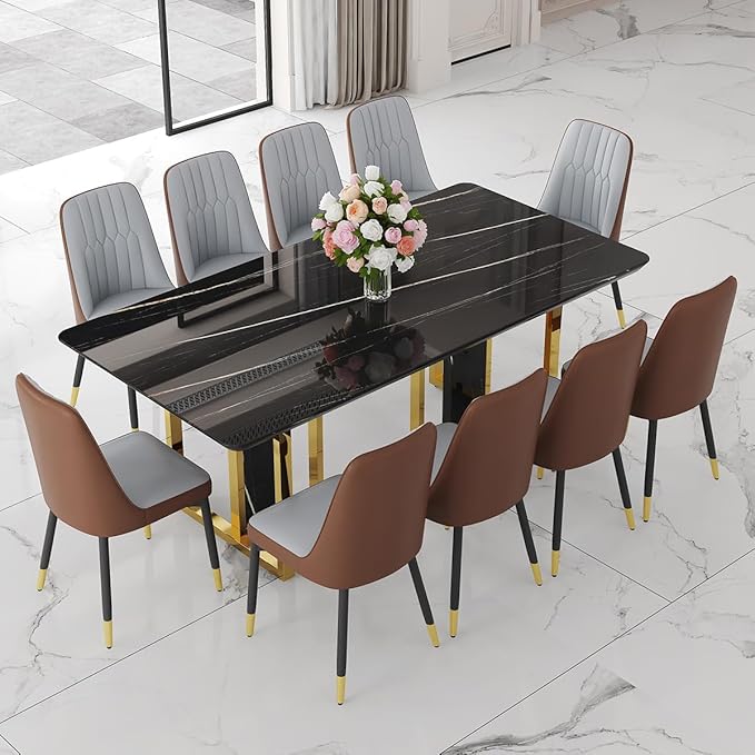 TesNus 79" Black Dining Table Set for 10 with Chairs,Large Faux Marble Kitchen Table and Chairs Set Rectangular 11 Piece Dining Room Set with Gold Metal Legs,Modern Design,Easy Assemble,Stable Base
