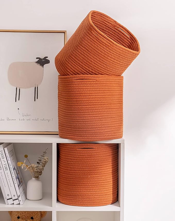 voten Storage Cubes Baskets Bins Organizer 11x11x11'' Fit 12x12''Cube Bookcases Shelf,Durable Woven Cotton Storage Basket for Organizing,Round 3Pack Brick Red