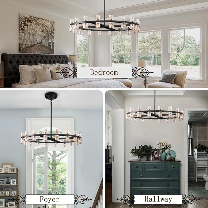 D32 Black Wagon Wheel Chandeliers Modern 32-Lights Black Round Chandelier Glass Chandeliers for Dining Room,Living Room Vintage Chandelier for Foyer Hallway