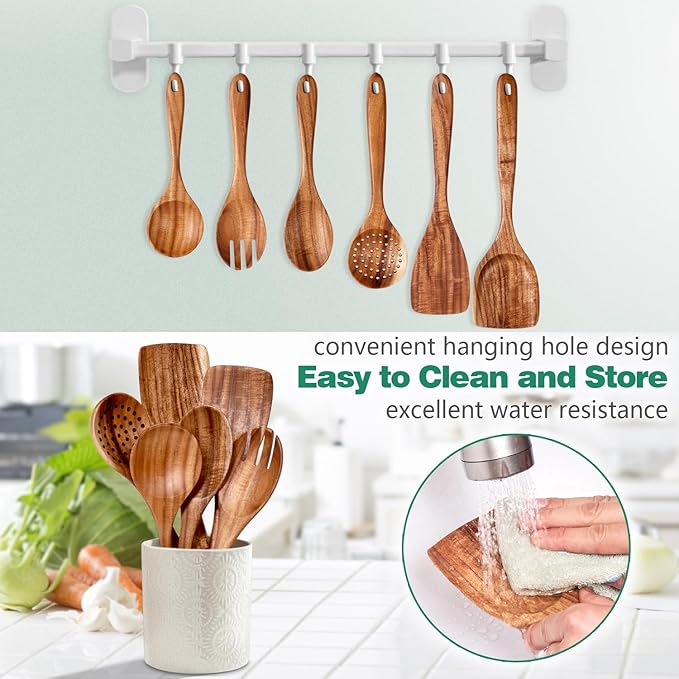 Kitchen 6-Piece Teak Wood Kitchen Utensil Set – Wooden Cooking Spoons with Spatula, Turner & Serving Spoon, Smooth Finish Comfort Grip, Nonstick Safe by Howhong