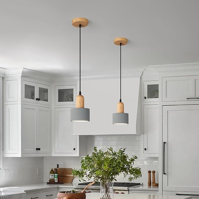 Modern Cement Pendant Lights Grey Chandelier Wooden Ceiling Lamps for Kitchen Island Bedroom Dining Room Living Room bar（2 Pack）