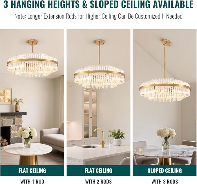 Siljoy Modern Crystal Chandelier, 39.4'' Luxury Gold Round 3-Tiers Raindrop Chandelier, Large Farmhouse Crystal Pendant Ceiling Light Fixture for Dining Living Room Kitchen Island Foyer, G9 x 24