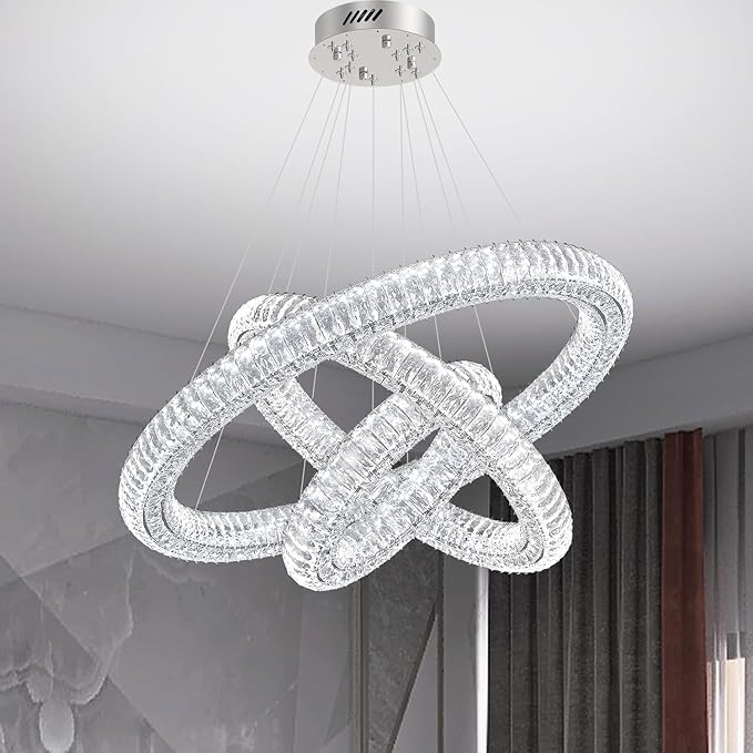 3 Rings Silver Crystal Chandeliers for Living Room High Ceiling Chandeliers for Foyer LED Dimmable3000-6000K D32''+D24''+D16''