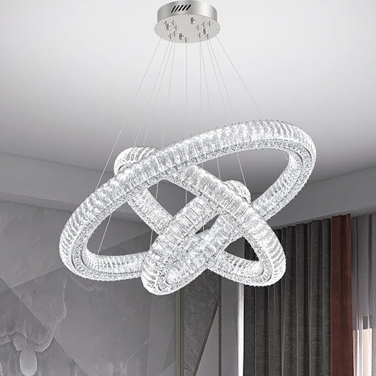 3 Rings Silver Crystal Chandeliers for Living Room High Ceiling Chandeliers for Foyer LED Dimmable3000-6000K D32''+D24''+D16''
