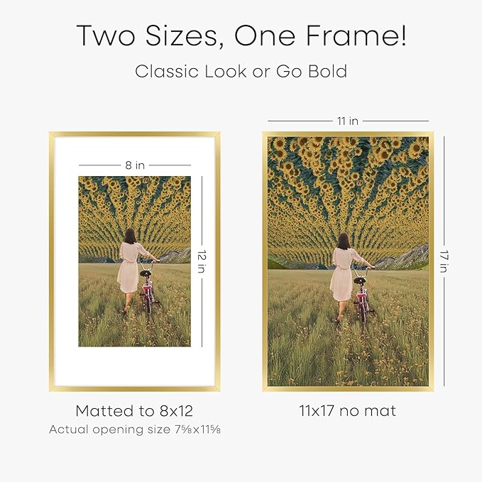 Homeforia 11x17 Picture Frame Gold, High End Metal 11x17 Poster Frames with Mat 8x12 for Photo, 11 x 17 Gold Frame Matted to 8 by 12 Print, 17x11 Thin Hanging Frame, Tempered Glass, Wall Kit, Set of 2