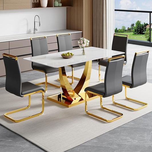 63” Dining Room Table Set for 6,Modern Gold Dining Table Set for 6, Rectangle Kitchen Table Set with Leather Chairs,White Faux Marble Dinner Table Set with Tempered Glass Top and Golden Base