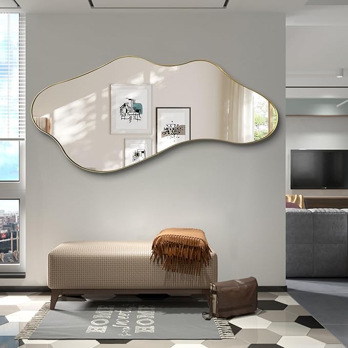 Irregular Mirror Full Length, Large Asymmetrical Wall Mirrors, 63"x30" Gold Wavy Floor Mirror for Dressing, Abstract Mirrors Decorative for Living Room Bathroom Bedroom Hallway Entryway