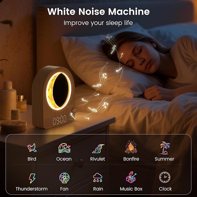 Sunrise Alarm Clock, White Noise Machine & Meteor Moonlight - 10 Soothing Sounds, Dual Alarms, 30/60/90min Timer, Easy Snooze - Bedroom Gift for Insomnia Adults/Women - Wood