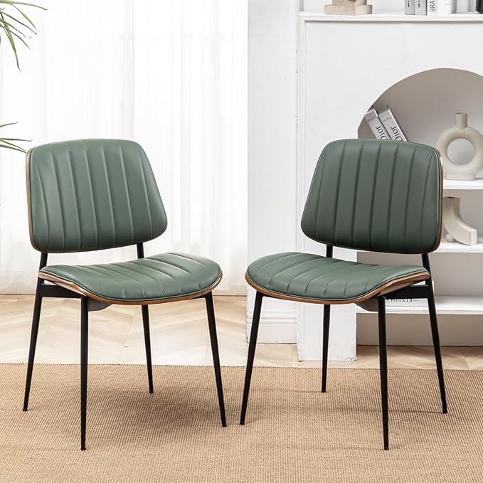 LUNLING Dining Chairs Set of 4 Mid Century Modern Retro Faux Leather Chair with Walnut Bentwood Upholstered Seat Metal Legs Chairs,Adjustable Foot for Kitchen Dining Room Chairs(Green)